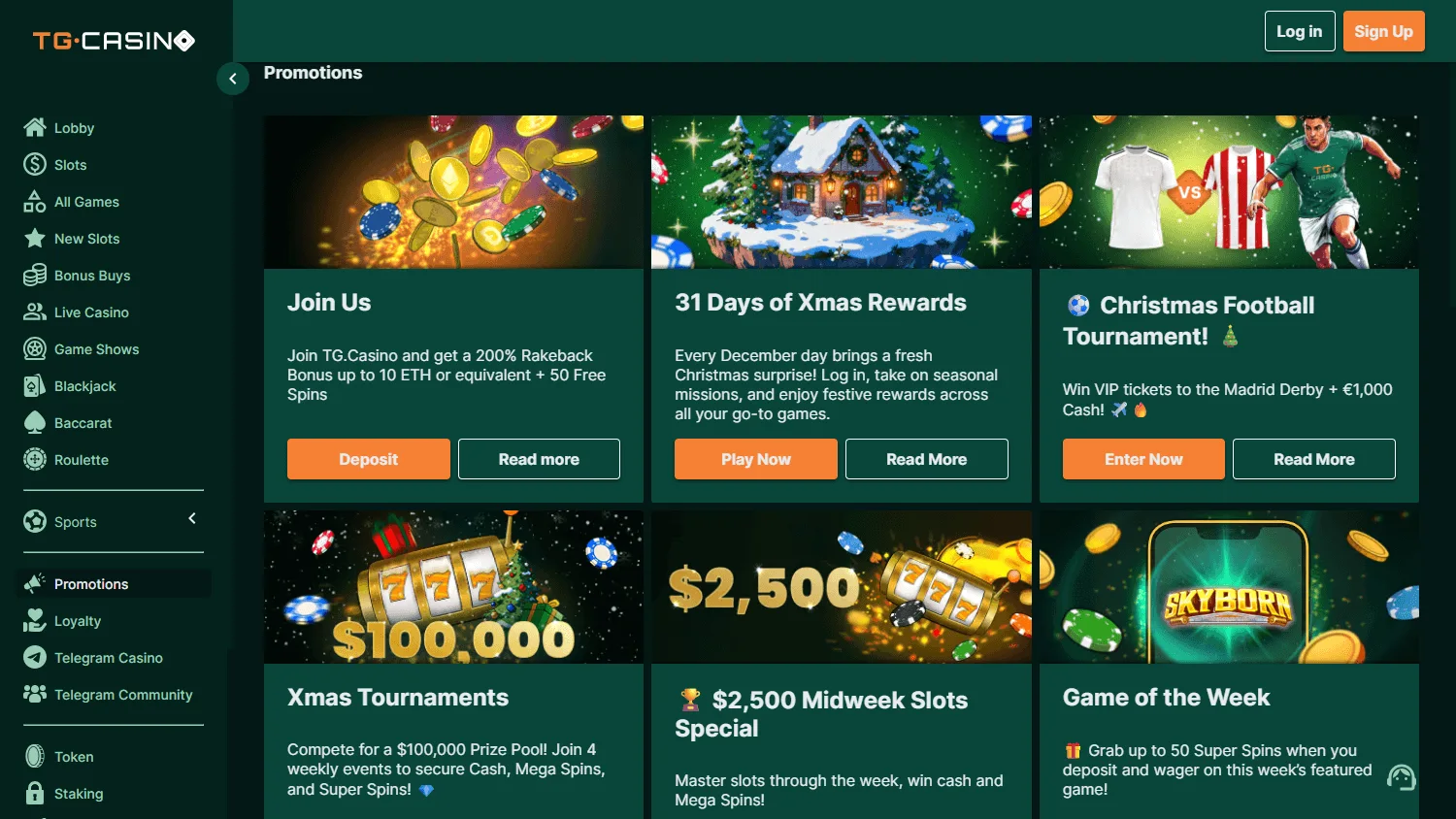 TG.Casino promotions screen on desktop