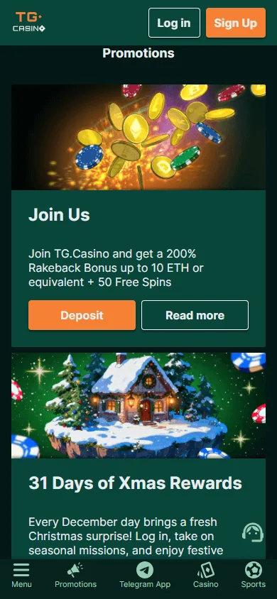 TG.Casino promotions screen on a mobile device