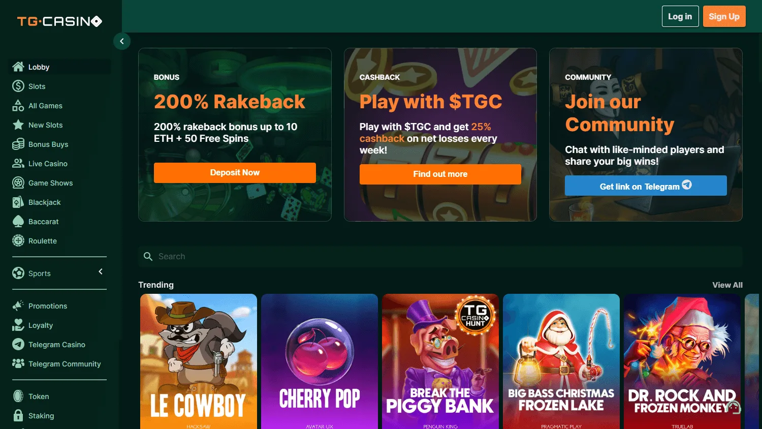 TG.Casino games screen on desktop