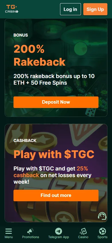 TG.Casino games screen on a mobile device