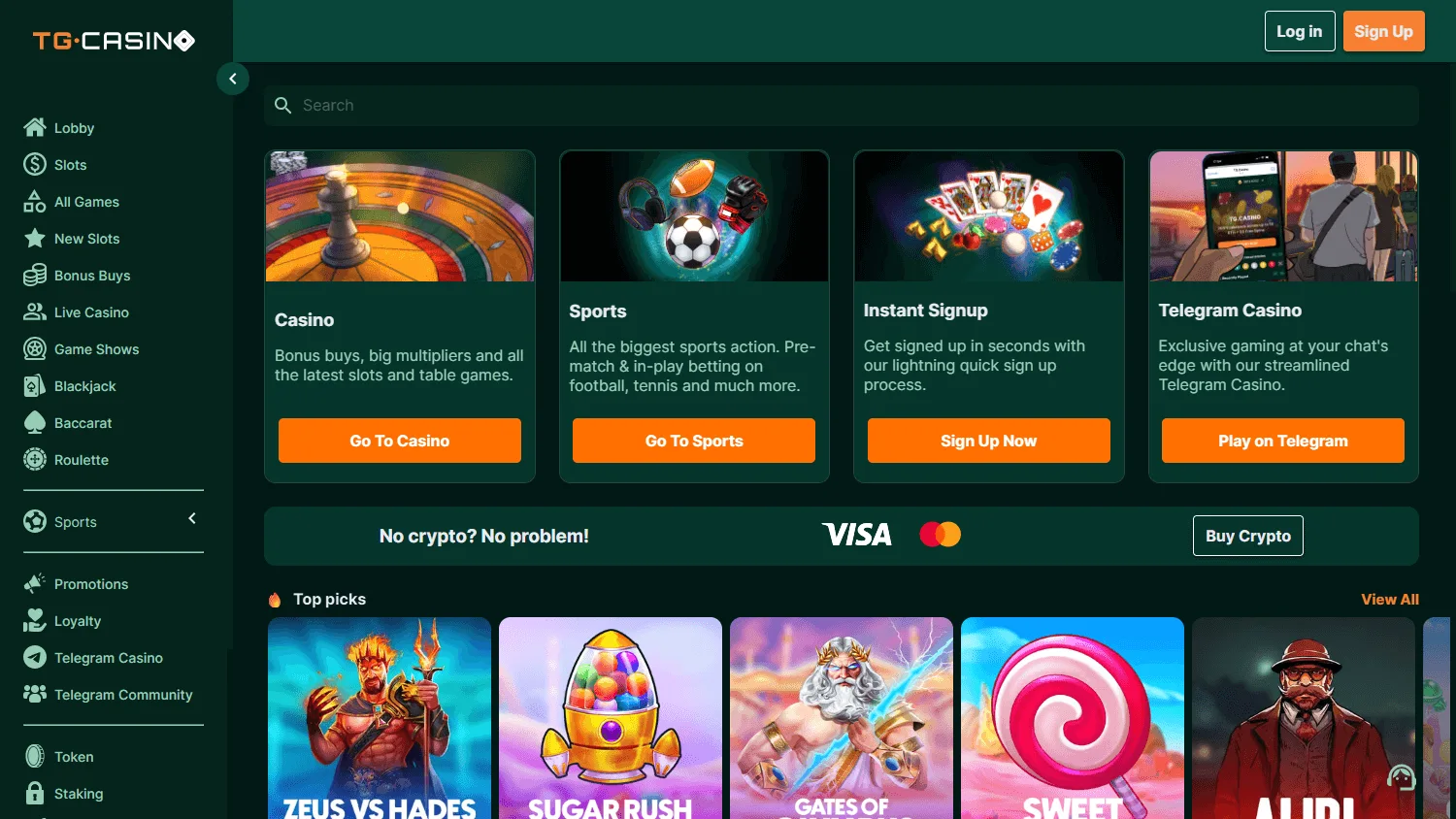 TG.Casino home screen on desktop