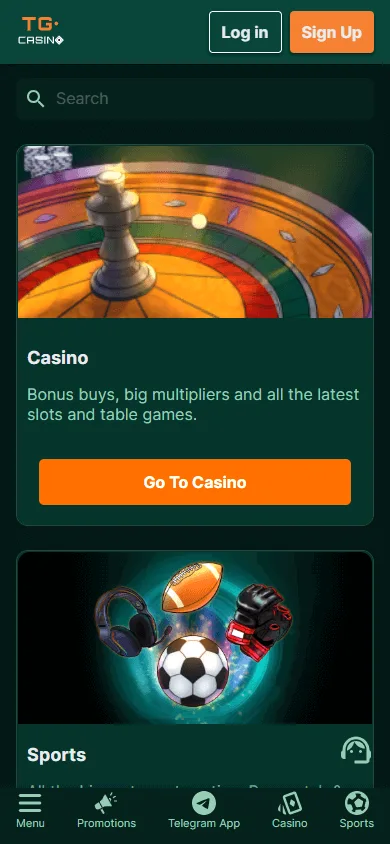 TG.Casino home screen on a mobile device
